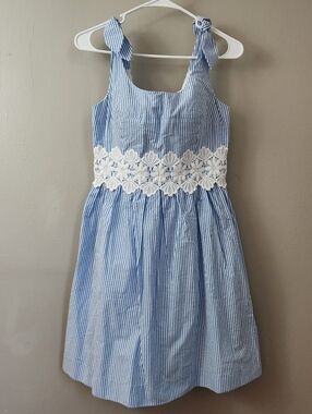 Lilly Pulitzer Tessa Coastal Blue Seersucker Striped Sundress Lace Preppy Summer